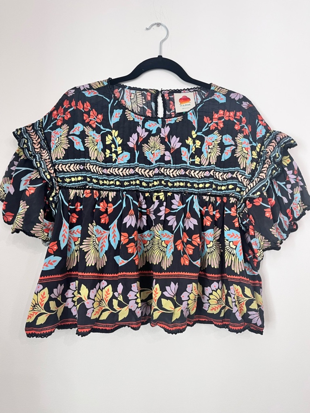 FARM Rio Multicolor Floral Ruffle Sleeve Top Women’s Small Boho Babydoll